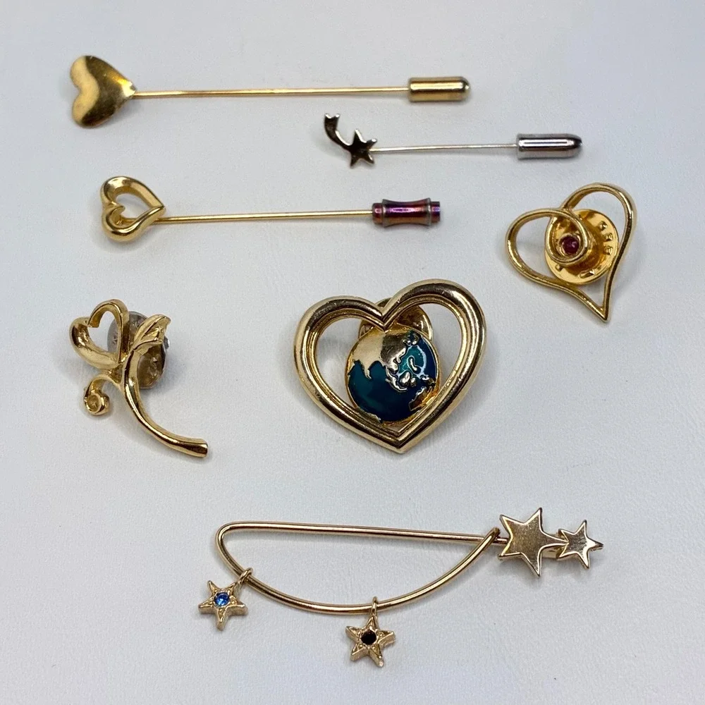 Vintage Pin Lot Avon Heart World Star Stick Pins Gold Tone Jewelry 7 Pieces
